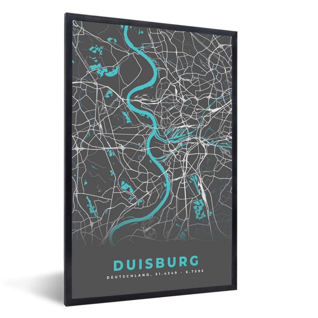 MuchoWow Gerahmtes Poster Deutschland - Blau - Duisburg - Stadtplan - Karte 60x90 cm - Poster mit Schwarzem Bilderrahmen Wandposter Rahmen Foto B...