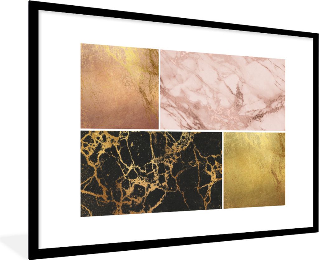 MuchoWow Gerahmtes Poster Marmor - Rosa - Gold 90x60 cm - Poster mit Schwarzem Bilderrahmen Wandposter Rahmen Foto Bilder - Wanddekoration - Fotos