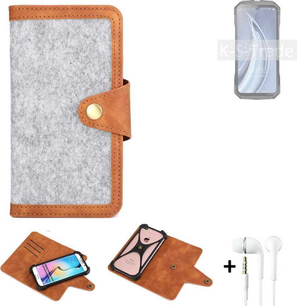 K-S-Trade Handyhülle + Kopfhörer kompatibel mit Doogee S100 Schutzhülle Filz Hülle Kunstleder hellgrau braun (1x)