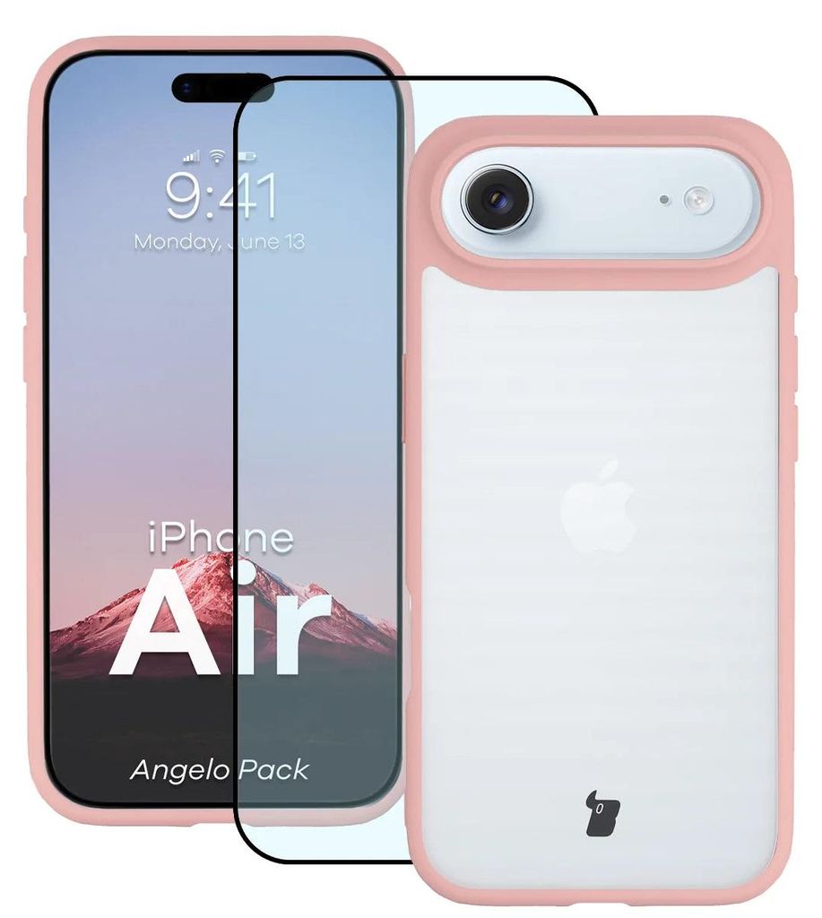 Schutzhülle + gehärtetem Glas für iPhone Air, Bizon Angelo Pack, Semitransparent mit hellrosem Rahmen