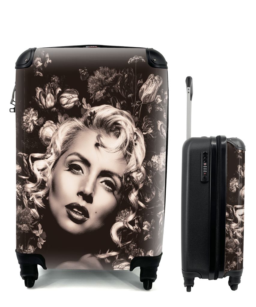 MuchoWow Koffer Handgepäck Trolley Rollkoffer Kleine Reisekoffer mit 4 Rollen - Blumen - Frau - Schwarz - Weiß - Cabin Size < 55x40x23 cm & 55x...