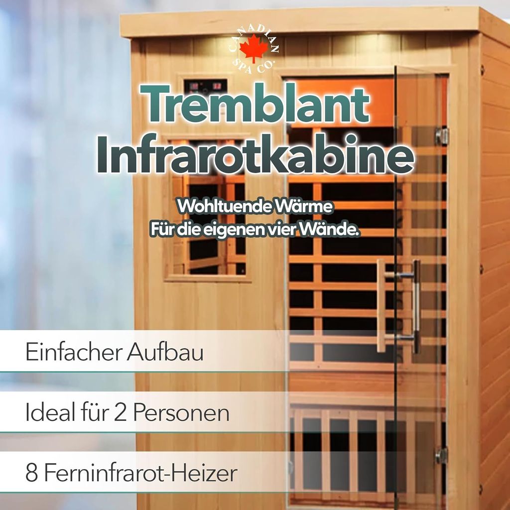 Tremblant Infrarot Sauna 127 x 105 x195cm für 2 Personen, Sauna mit Glastür, Bluetooth-Audio und LED-Beleuchtung, Sauna aus Holz für Zuhause