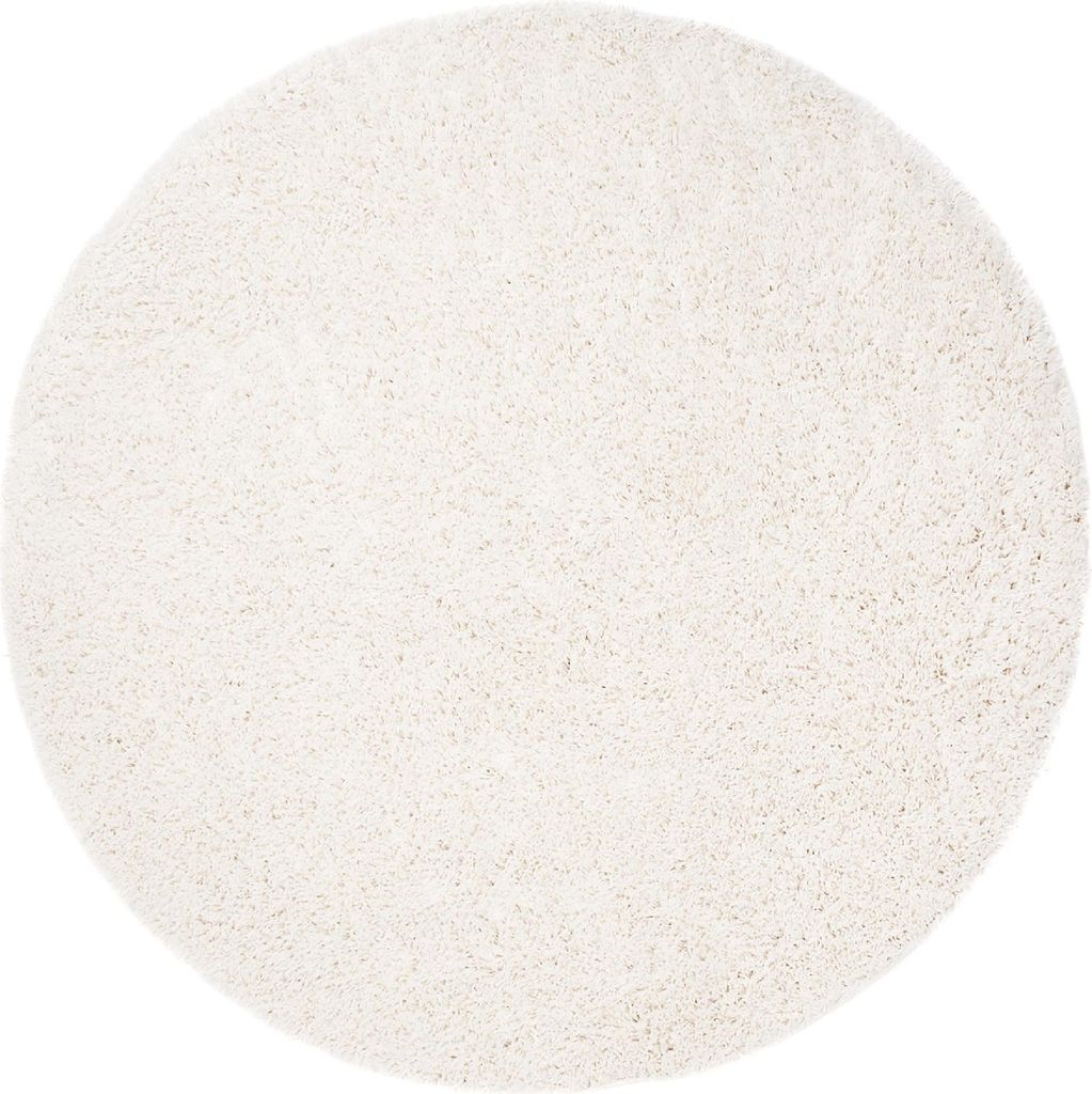 A round, cream-colored rug is shown from a top-down perspective on a white background.