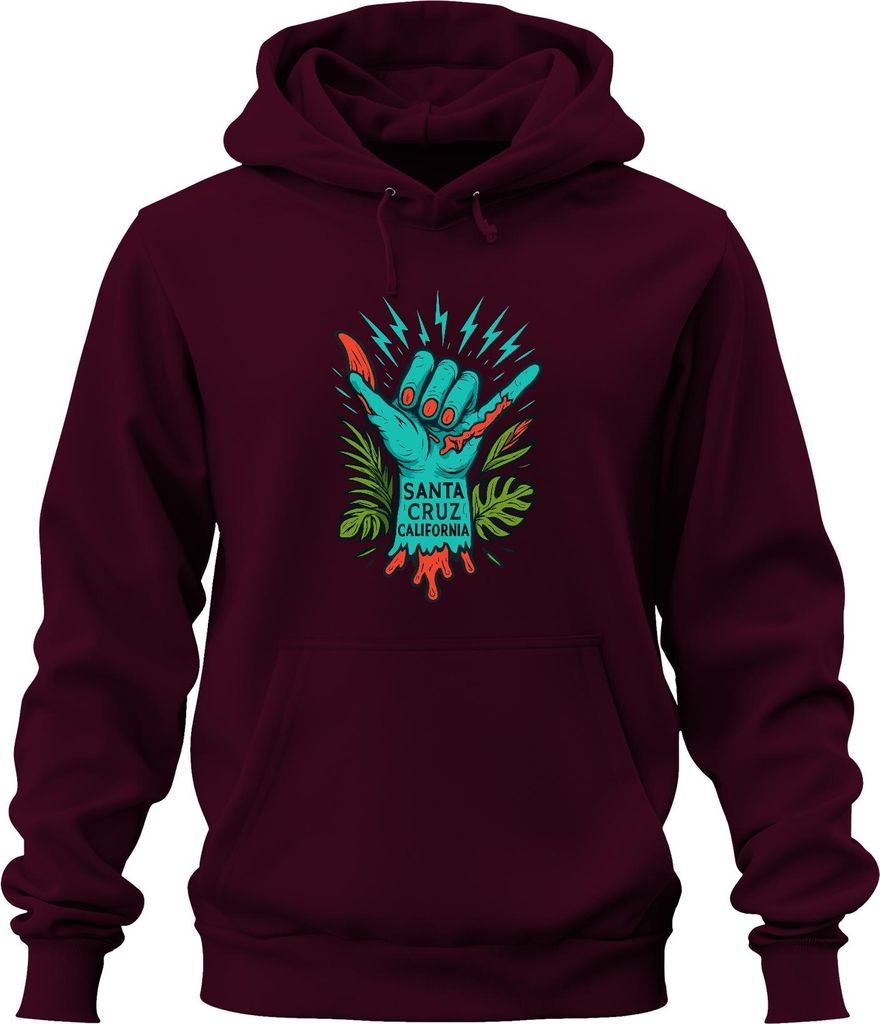 Santa Cruz California Shaka Zombiehand Tropisch Vintage Skate Uni Hoodie Kapuzenpullover, Burgundy, S