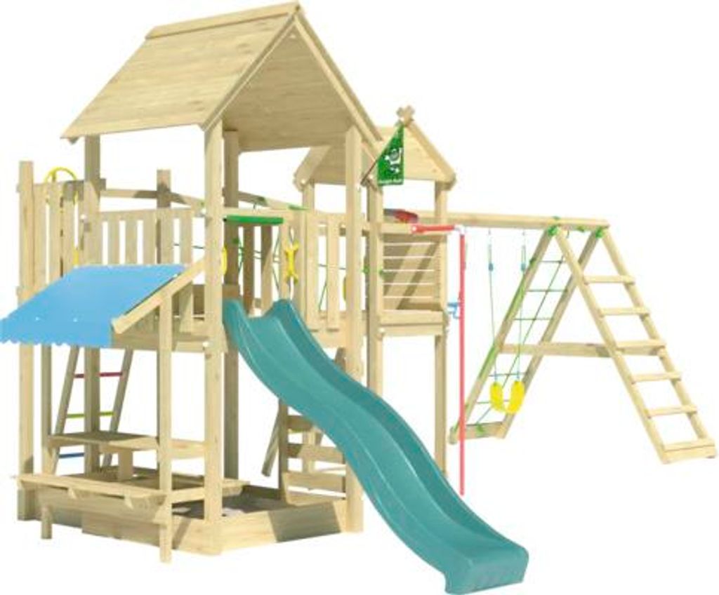 Doppelschaukel Spielhaus mit Stelzen Jungle Gym 652 x 464 cm Holz dunkelgrün