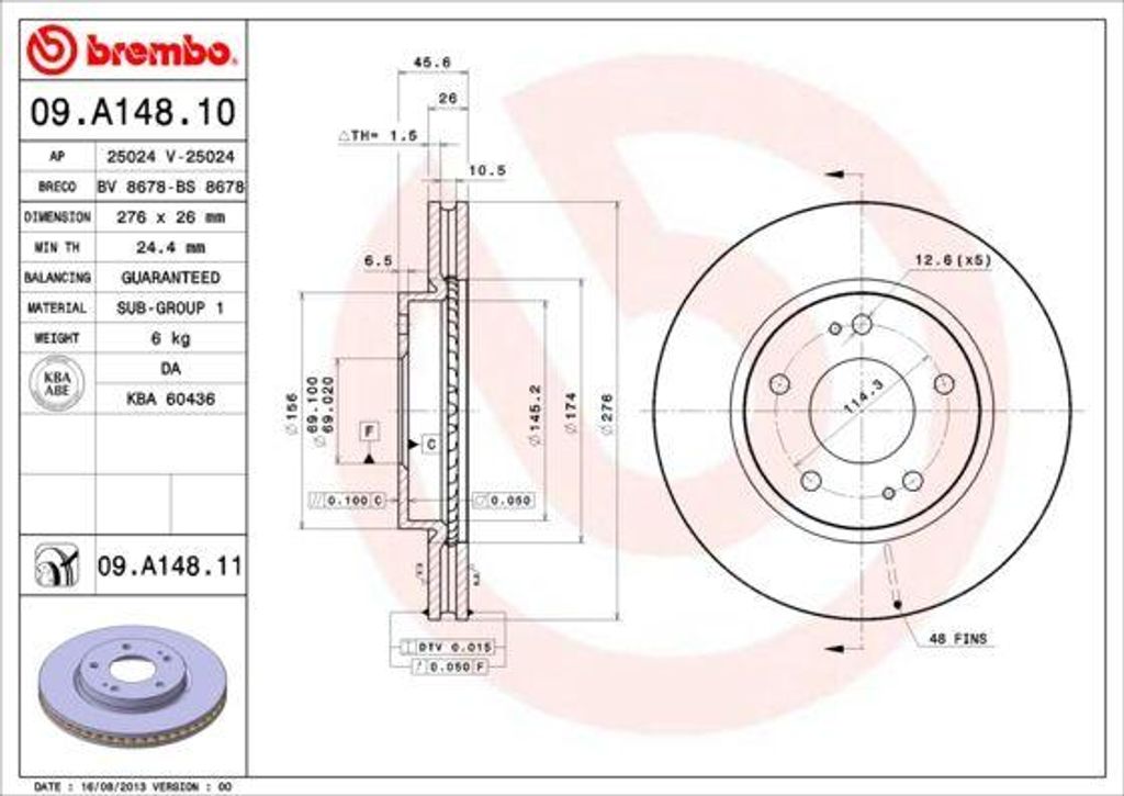 BREMBO 09.A148.11 Bremsscheibe OE 4615A054 kompatibel mit Space Runner, Lancer, Galant
