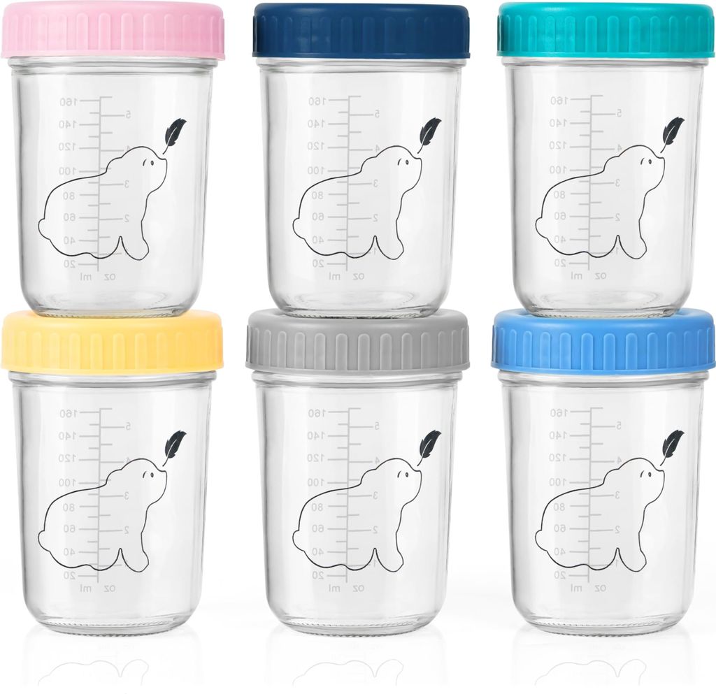 Budding Bear 240 ml Glas Babynahrung Aufbewahrung (6er-Set) - Gefrierschrank- & Mikrowellenfest (Ohne Deckel) - Von Hand Spülen - Ohne BPA, Phthal...