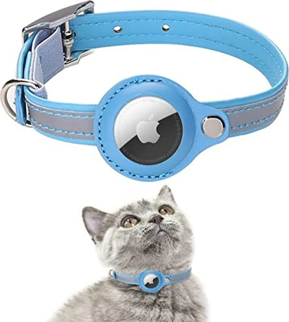 Collare Elegante Gatto AirTag Pelle Blu M - Sicurezza GPS Riflettente