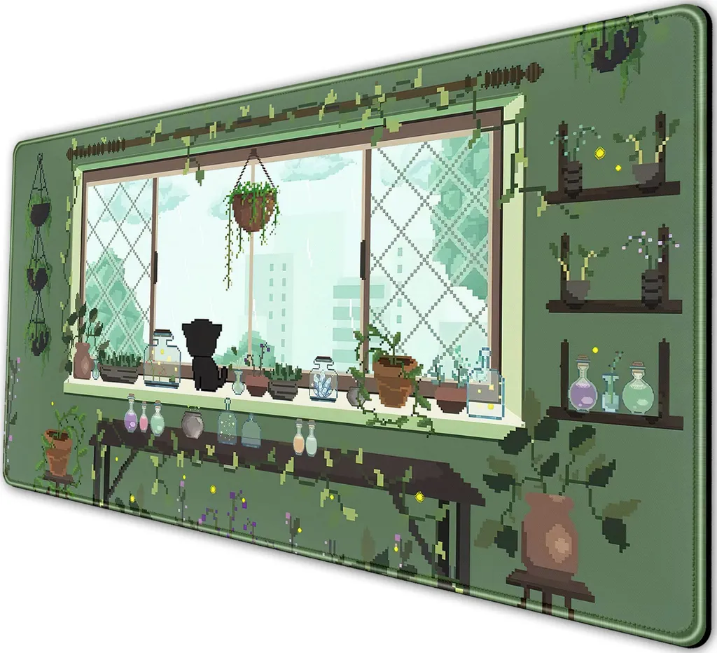 Sous-main Bureau Kawaii avec Plantes Vertes - Grand Tapis Pixel Art
