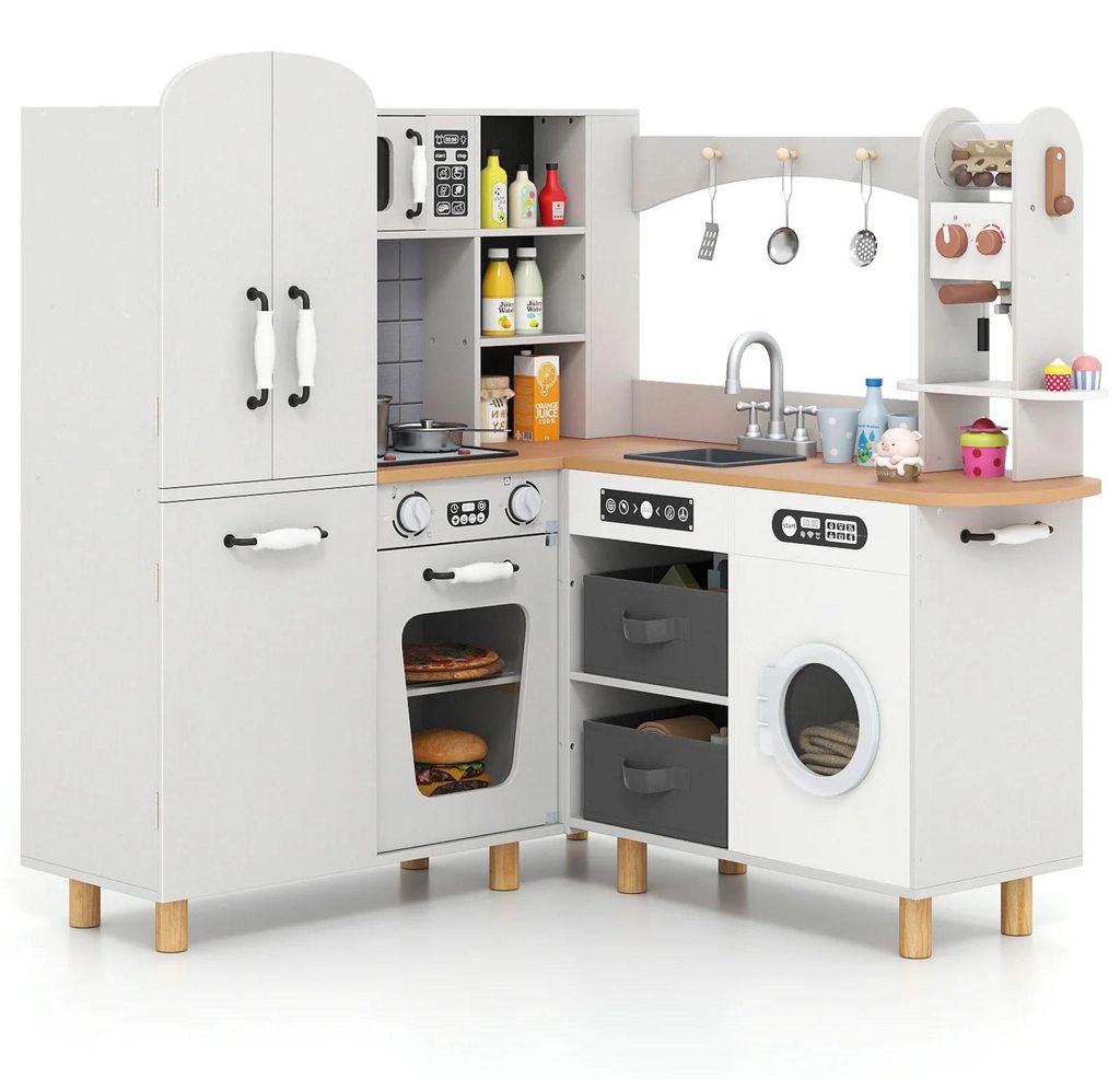 Kinderküche - Eck-Spielküche - Holz - 12 Zubehörteile - Stoffkörbe - Alter 3–6 Jahre - AAA-Batterie - Grau