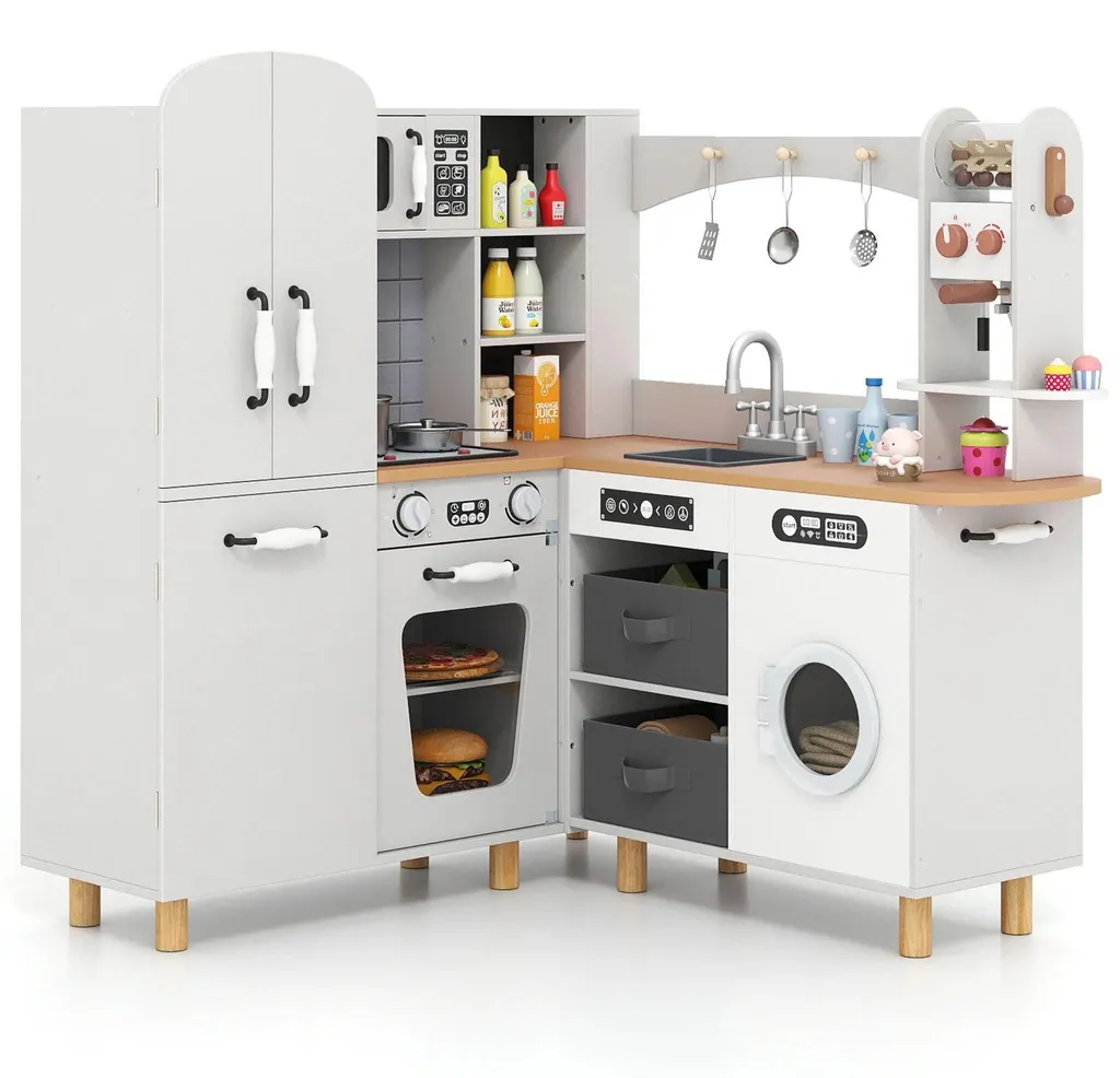 Cuisine en bois enfant grise interactive 12 accessoires inclus