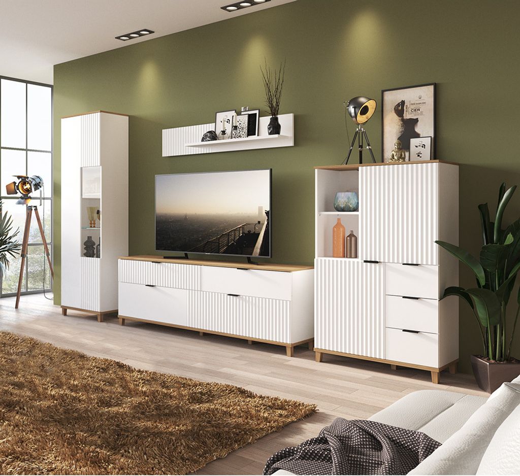 Wohnzimmer TV Wohnwand PLYMOUTH-129 in weiß mit Eiche Nb., B/H/T: ca. 370/208,4/40 cm