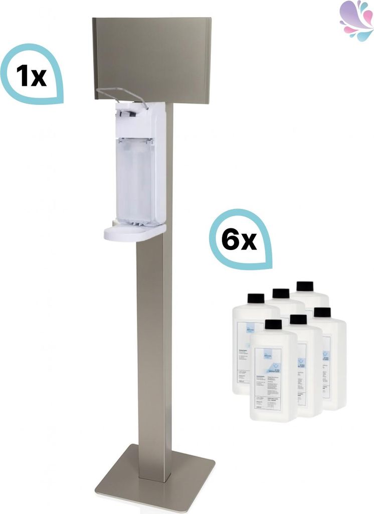 SET: Armhebelspender Blanc UNIVERSAL + Bodenständer Edelstahl mit Infotafel + Händedesinfektion 6 Flaschen à 500 ml