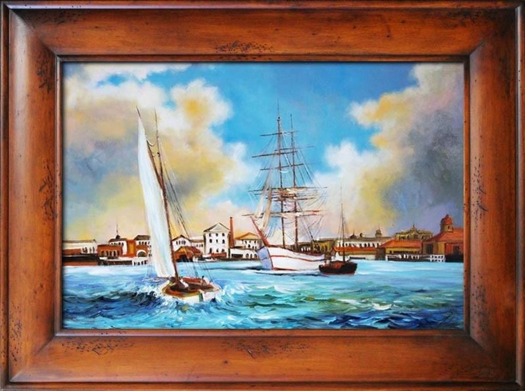 Gemälde Venedig Hafen Handarbeit Schiff Ölbild Bild Ölbilder Rahmen Bilder 05310