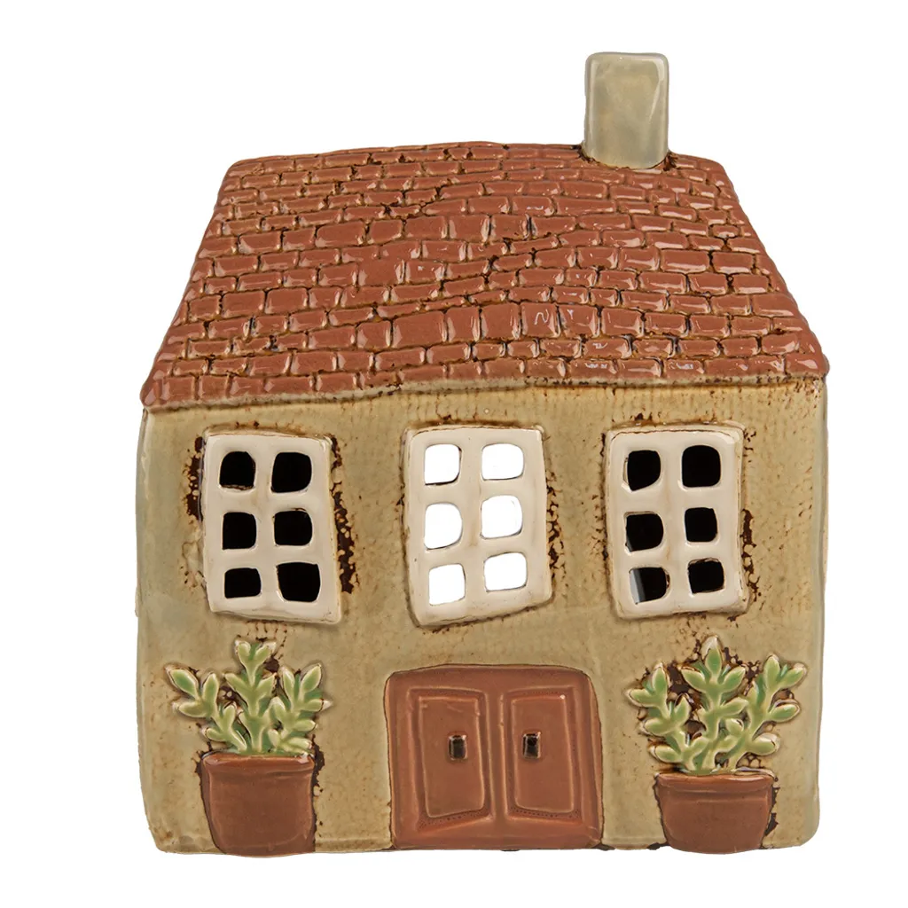 Clayre & Eef Porte-bougie Maison en Céramique Vert et Orange 17x10x19 cm