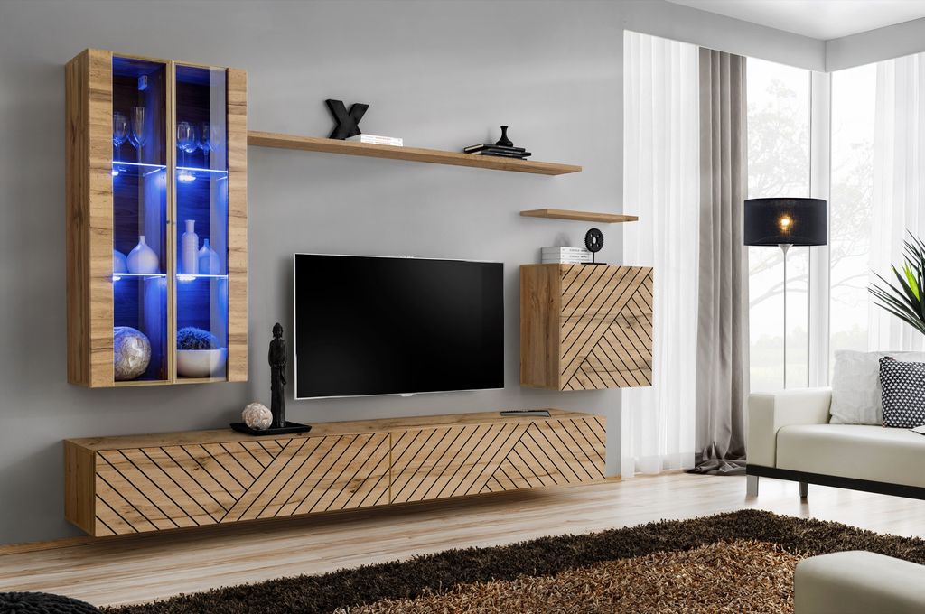 Anbauwand Wohnwand SWITCH XII Wotan mit Lamellen Hochglanz PVC Push - Click Led