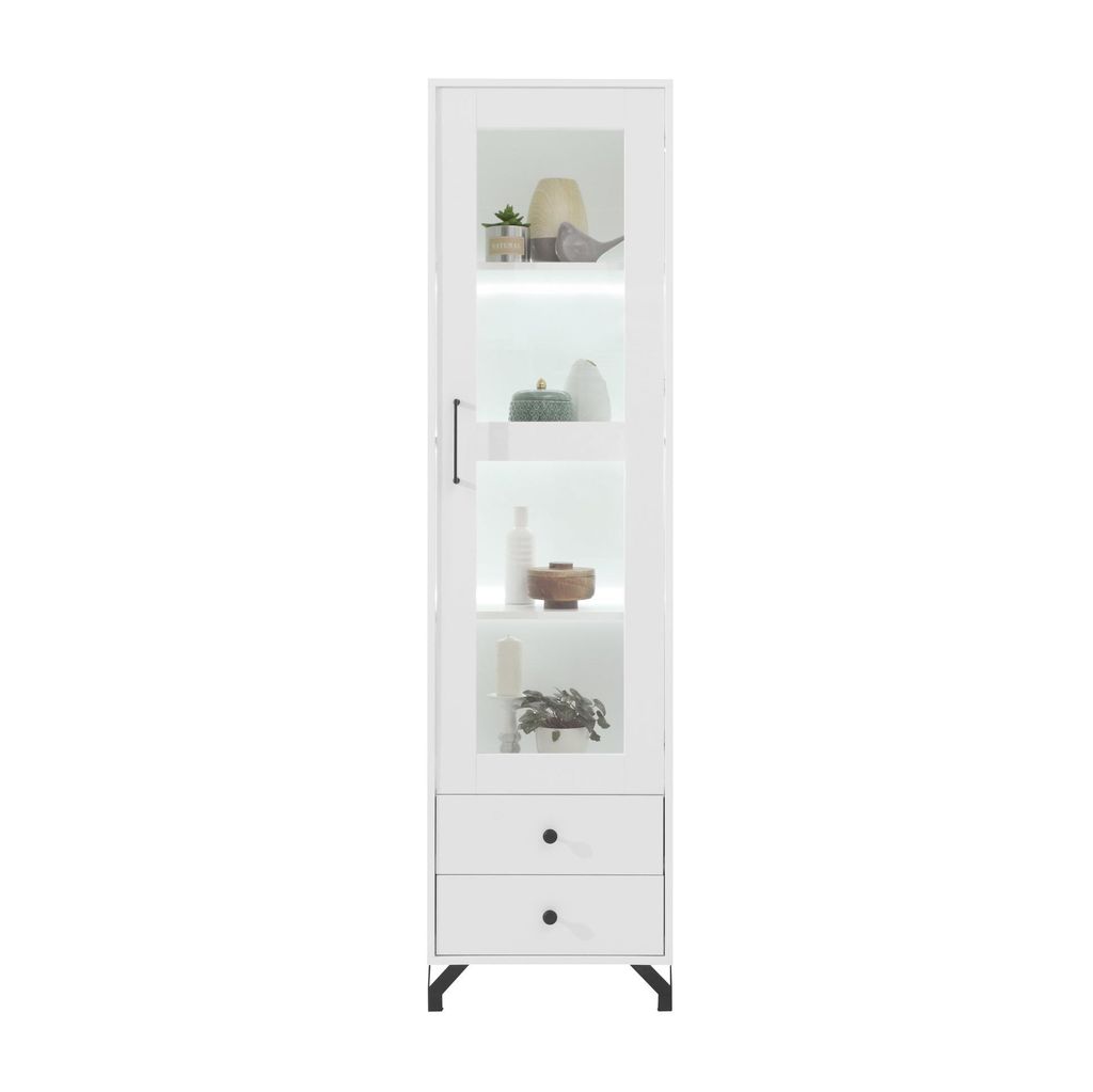 Vitrine BERGO Weiß mit 1 Tür und 2 Schubladen, Standvitrine mit Glastür und LED-Beleuchtung, Moderner Stil