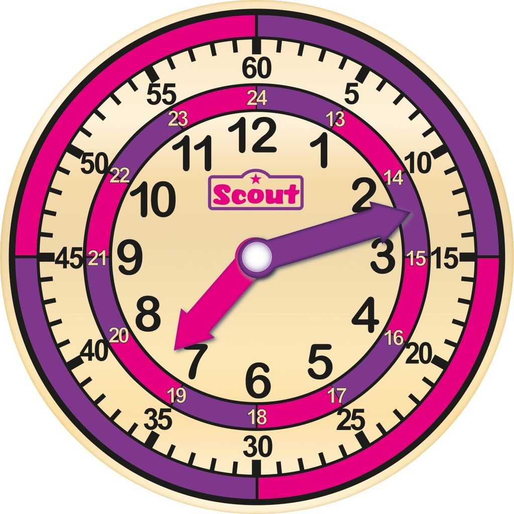 A close-up of a children's learning clock with pink and purple accents.