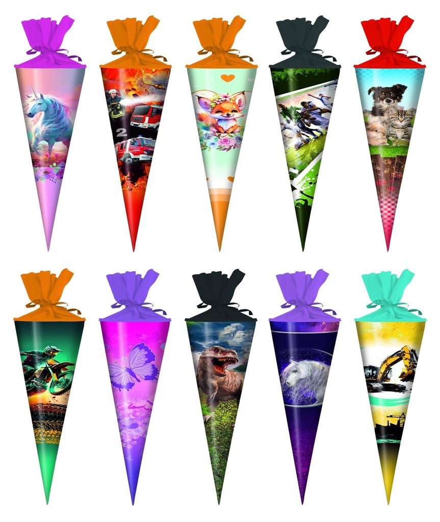 10x Deko Schultüte mit Motive / Zuckertüte / 15cm / rund Produktbild 