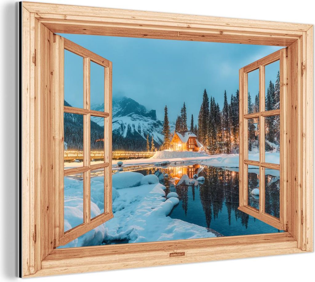 MuchoWow Wanddekoration Metall Metallbild Wandkunst 60x40 cm Winterlandschaft - Natur - Haus - Berge - Aussicht - Fenster MuchoWow Aluminium Gemäl...