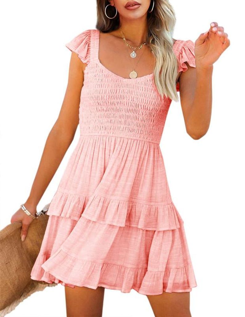 Imily Bela Sommerkleid für Damen, plissiert, elastischer hoher Bund, A-Linien-Schnitt, fließendes Minikleid mit Lagen