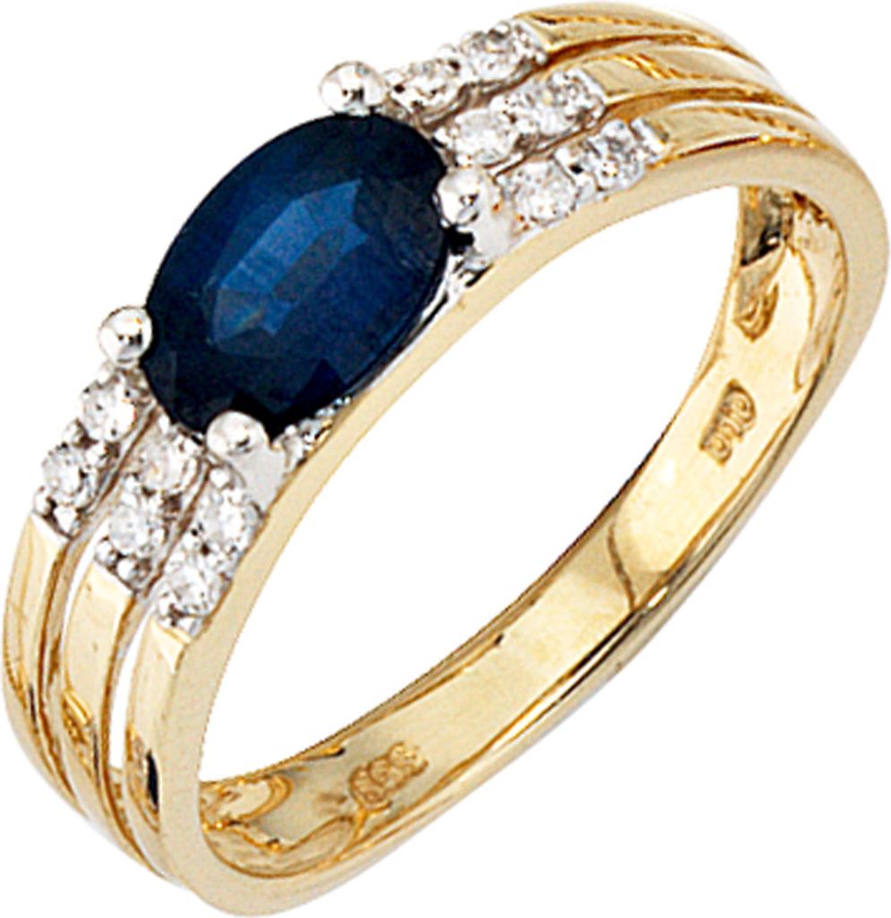 Ring Safirring Goldring mit 12 Diamanten blauer Safir oval 585 Gold Gelbgold Innenumfang 60mm Ø19.1mm
