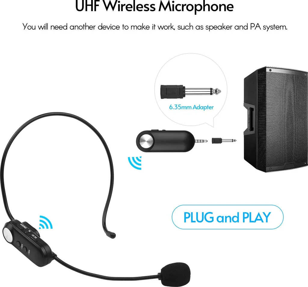 Casque Microphone sans fil UHF avec Adaptateur 6,35mm pour Vlogging
