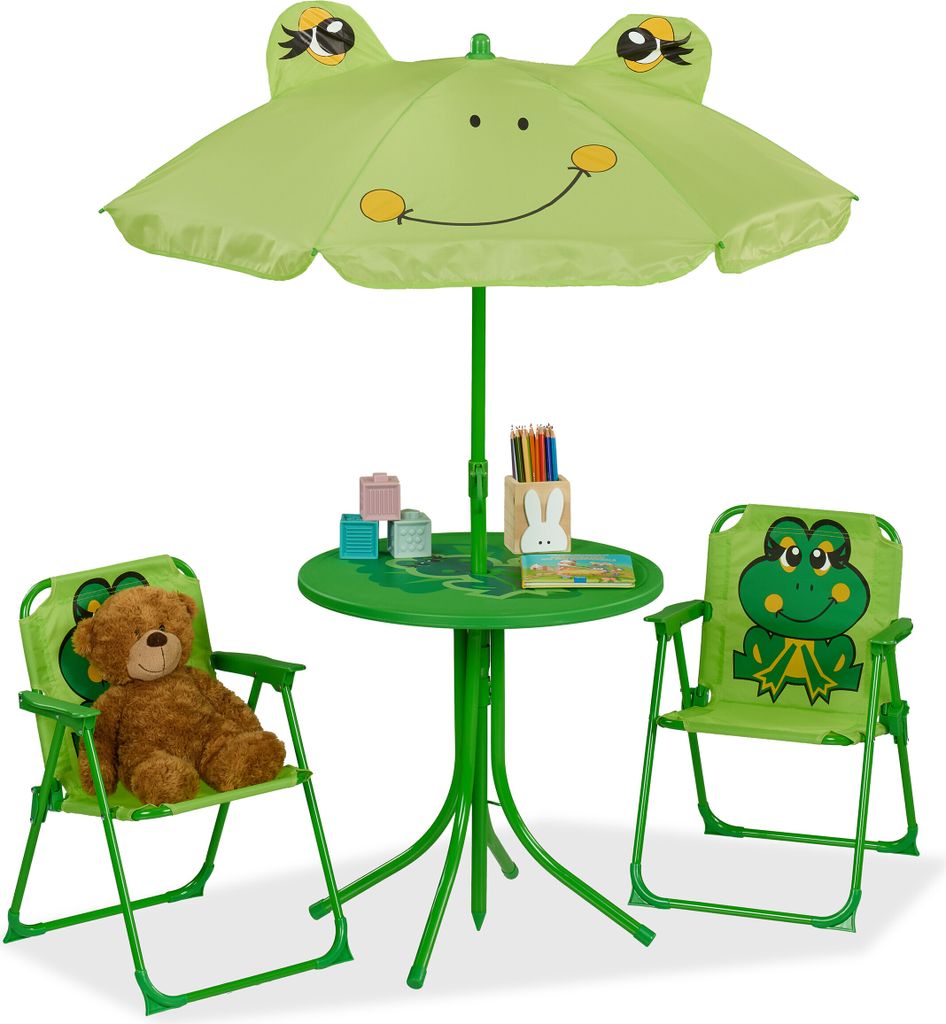 Relaxdays Camping Kindersitzgruppe, Frosch Motiv, Kindersitzgarnitur mit Schirm, Klappstühlen & Tisch, Garten, grün
