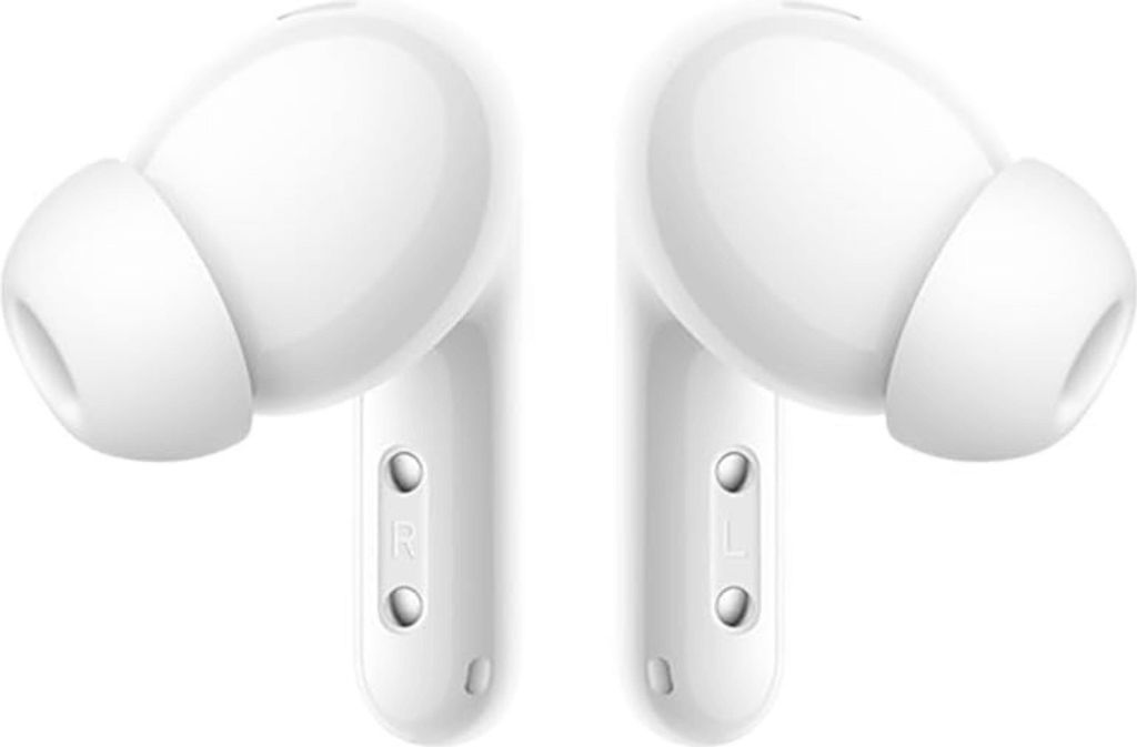 A pair of white wireless earbuds is shown against a plain white background.