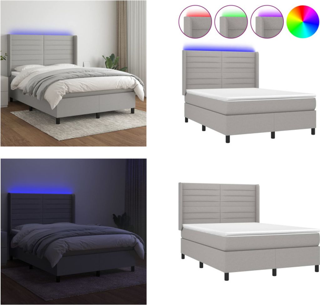 vidaXL Boxspringbett mit Matratze & LED Hellgrau 140x190 cm Stoff - Boxspringbett - Boxspringbetten - Bett - Schlafzimmermöbel