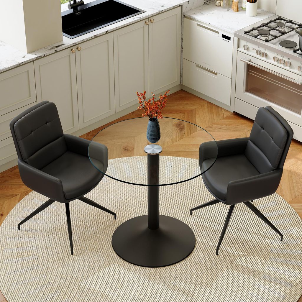 Essgruppe 3-teilig Rund Ø 85 cm Esstisch Set mit 2 Kunstleder Stühlen 360° Drehbar - 8mm Sicherheitsglas Schwarz - Moderne Sitzgruppe für Küch...