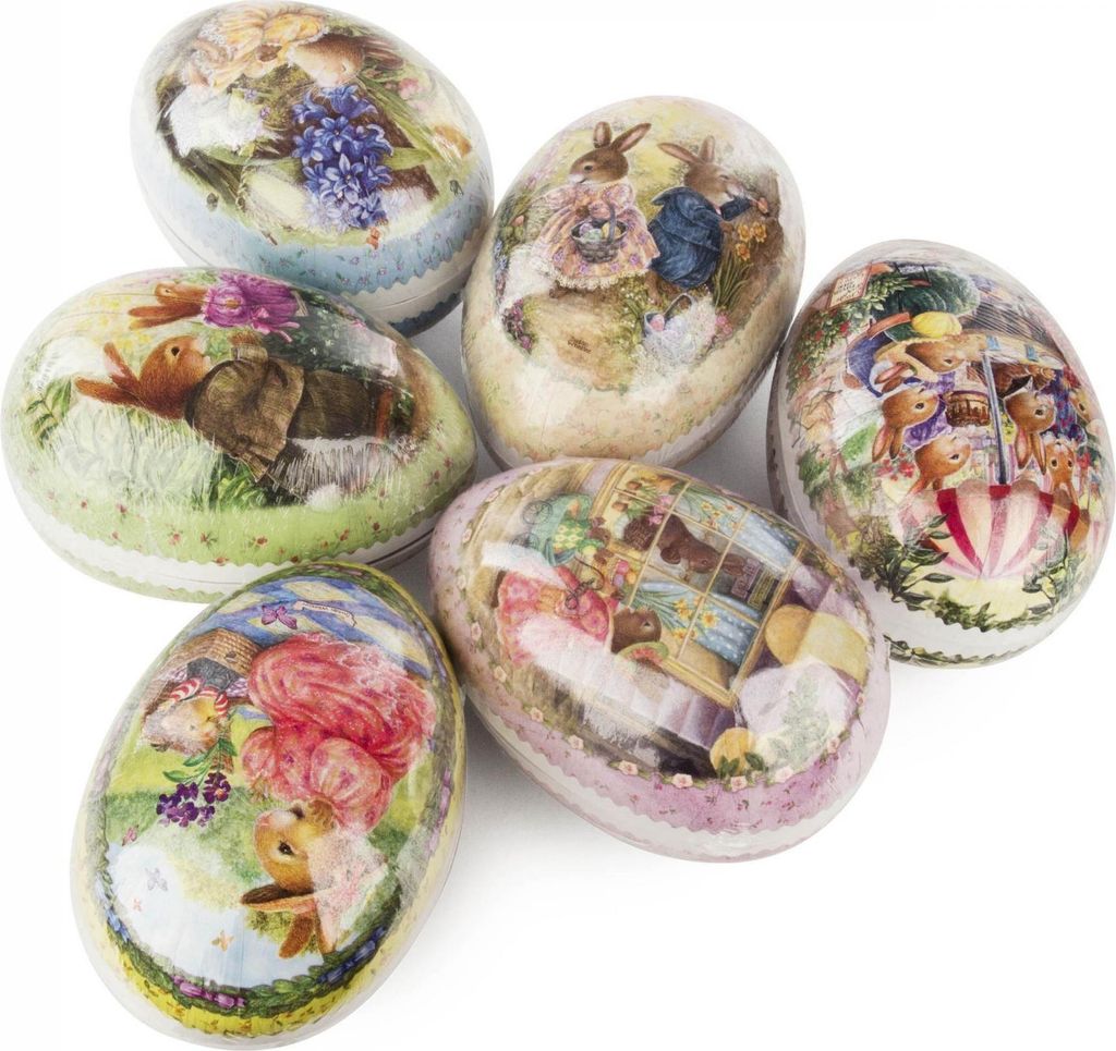 Osterdeko Ostereier Holly Pond Hill" zum Befüllen" 3 Motive sortiert (6) weiße Borte Höhe 18cm NEU