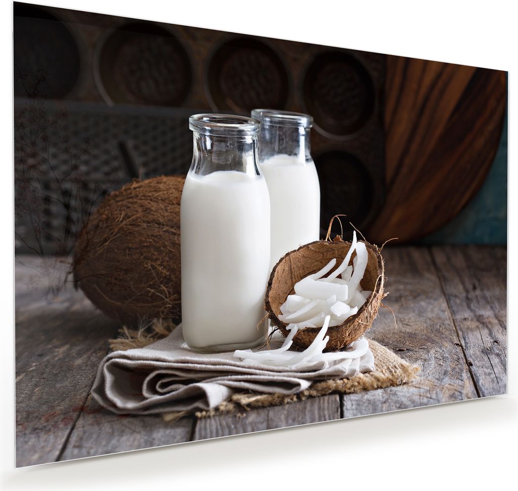Glasbild Wandbild Kokosnuss und frische Milch 100x70cm in XXL für Wohnzimmer, Schlafzimmer, Badezimmer, Flur