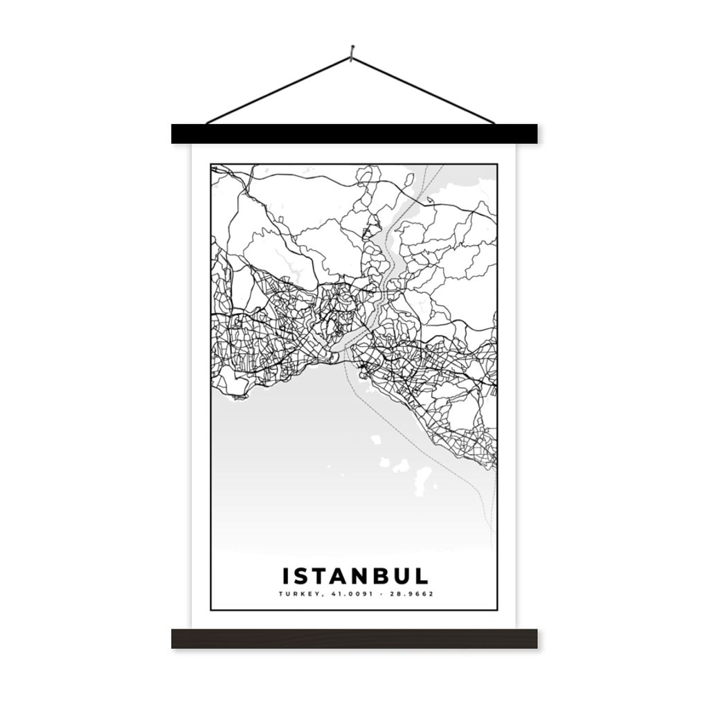 MuchoWow Textilposter Istanbul - Karte - Stadtplan - Schwarz-weiß - Karte 120x180 cm mit schwarzem Rahmen - Fotos