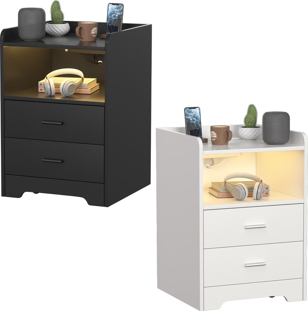 Jayseuw Nachttisch Sofatisch mit LED-Beleuchtung, Nachtschrank mit Ladestation Weiß 2pcs(2-St), 2 Schubladen für Schlafzimmer, Wohnzimmer Weiß