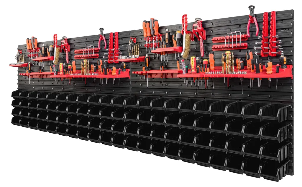 Panneau porte-outils XL 234x78cm, 84 bacs à bec pour rangement de visserie