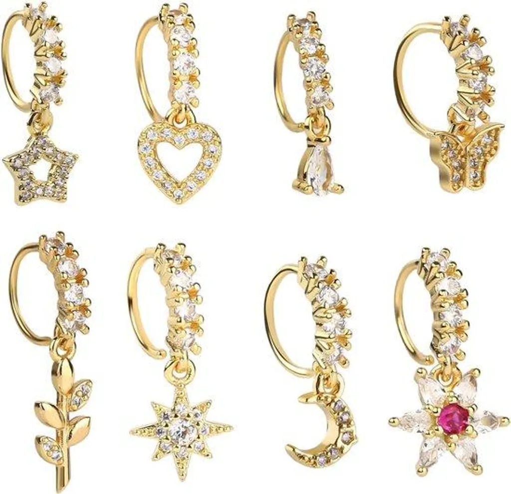 Set de 8 boucles de piercing étoiles dorées - Bijoux d'oreilles femme