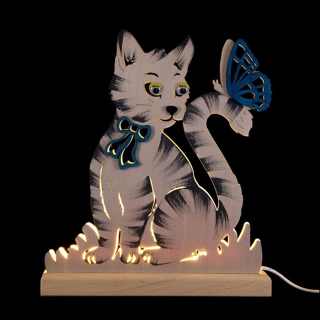 Nachtlicht Katze mit Schmetterling (26cm) von RATAGS Holzdesign