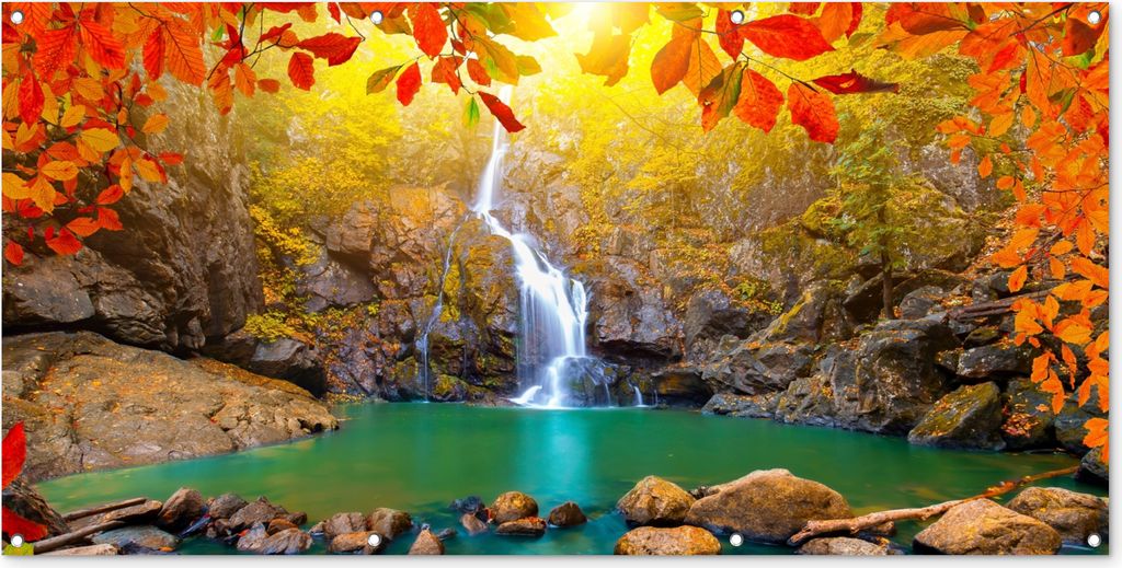 MuchoWow 160x80 cm Outdoor-Poster Gartendeko Sichtschutz Garten Poster für den Garten Steine - Baum - Wasserfall - Herbst - Rot
