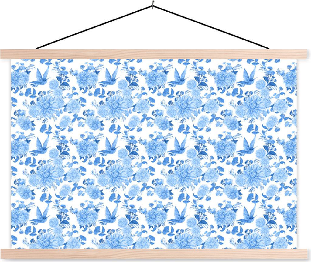 MuchoWow Textilposter Blumen - Rosen - Blau - Muster 60x40 cm mit holzfarbenen Rahmen - Bilder