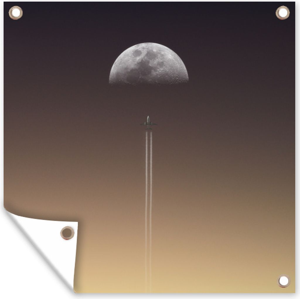 MuchoWow 100x100 cm Outdoor-Poster Gartendeko Sichtschutz Garten Poster für den Garten Mond - Rakete - Weltraum