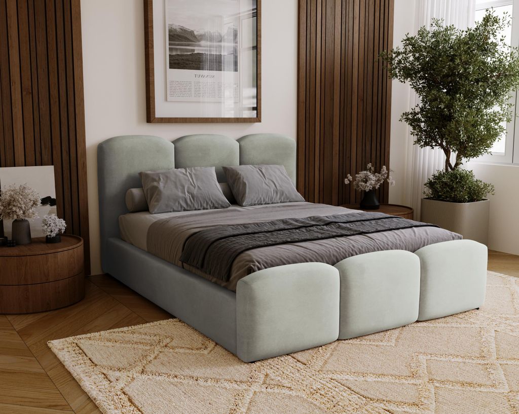 BESILIO Gepolstertes Schlafzimmerbett 160x200 Camille – Bett mit Stauraum und Holzlattenrost – Grau