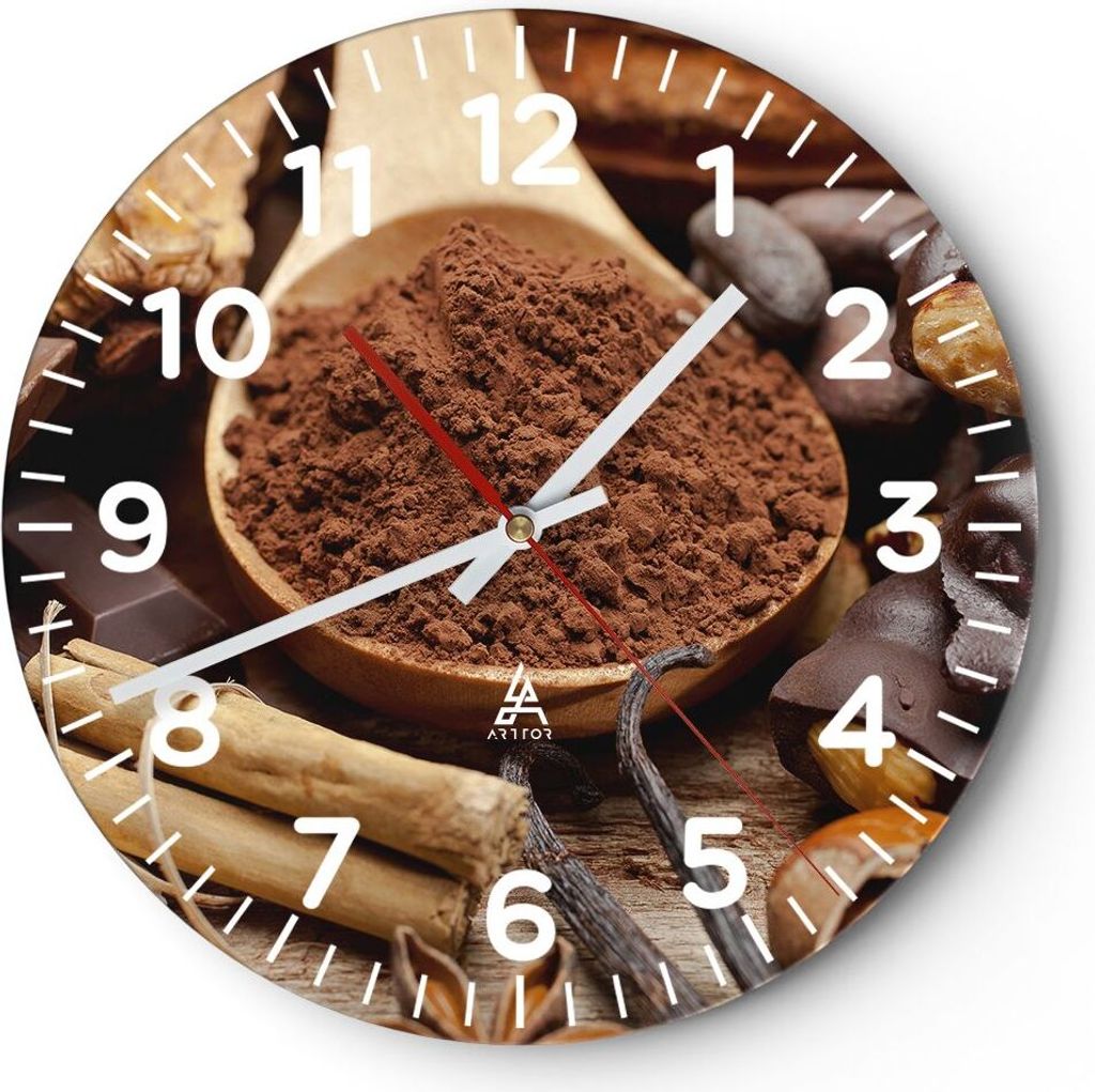 Wanduhr - Rund - Glasuhr - Trinken gastronomie kakao schokolade - 30x30cm - Schleichendes Uhrwerk - Lautlos - zum Aufhängen bereit - Dekoration Mo...