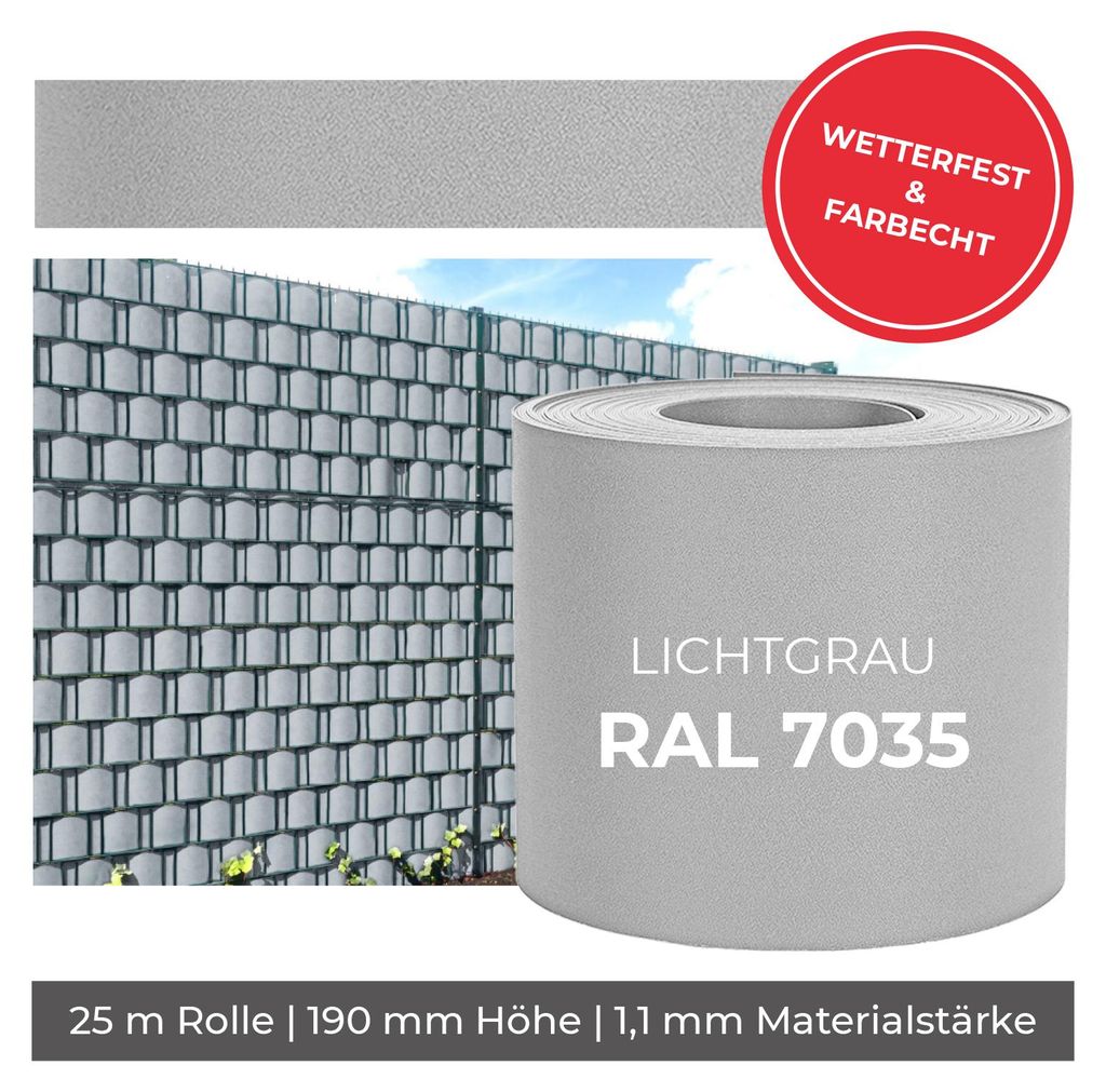 Arvotec Sichtschutzstreifen | 25m Rolle, Lichtgrau | besonders Stark mit 1,1 mm, keine Klemmschienen nötig | UV- und witterungsbeständig