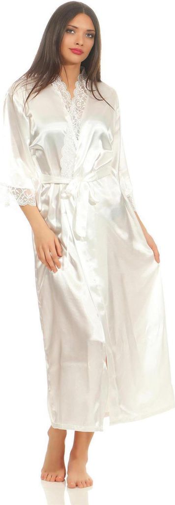 Damen langes Kimono Seidenrobe Morgenmantel; Ecru S