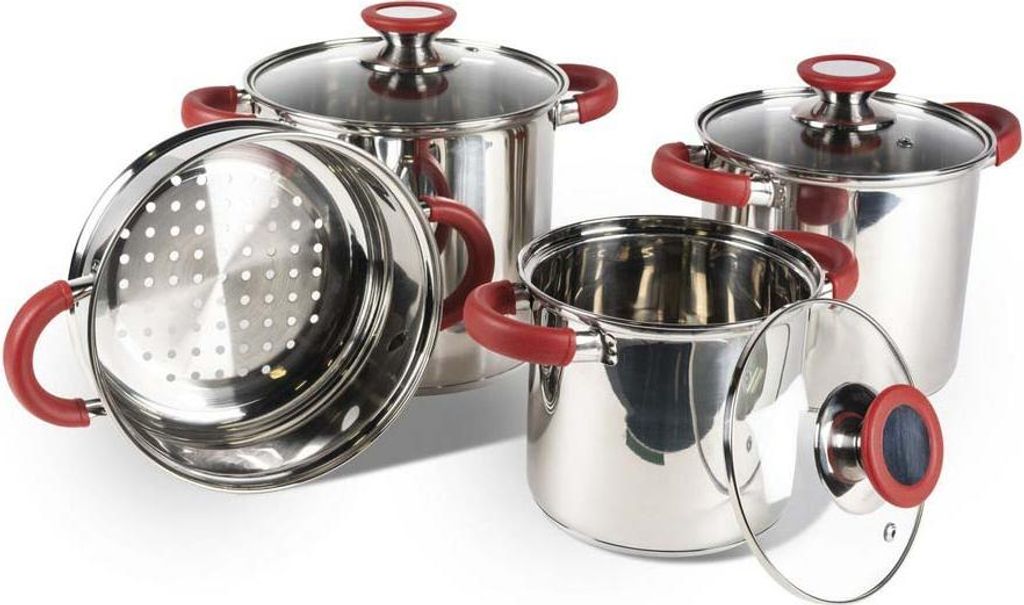A set of stainless steel pots with red handles and lids, arranged on a white background.
