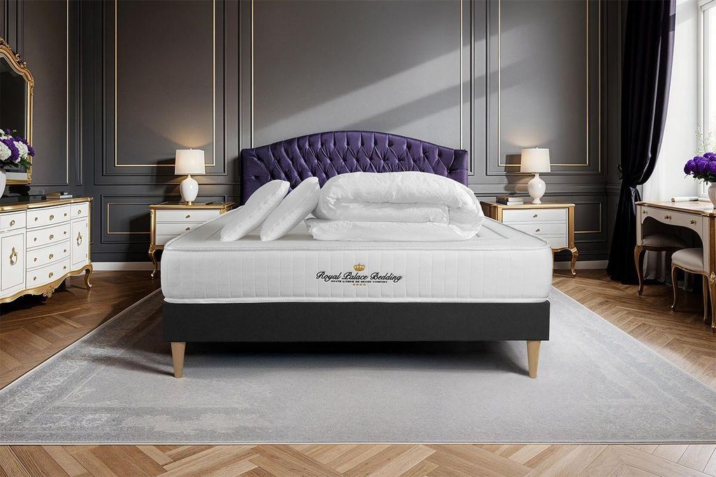 Komplettpaket Bett - Matratze 200x200 cm + Boxspringbett mit Lattenrost (im Set) + 2 Kopfkissen + Bettdecke - Nottingham