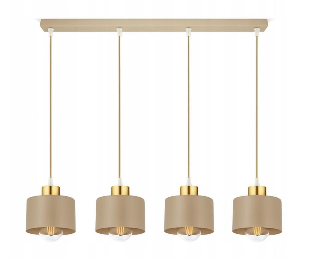 A modern, four-light pendant lamp with beige shades and gold accents, presented against a white background.