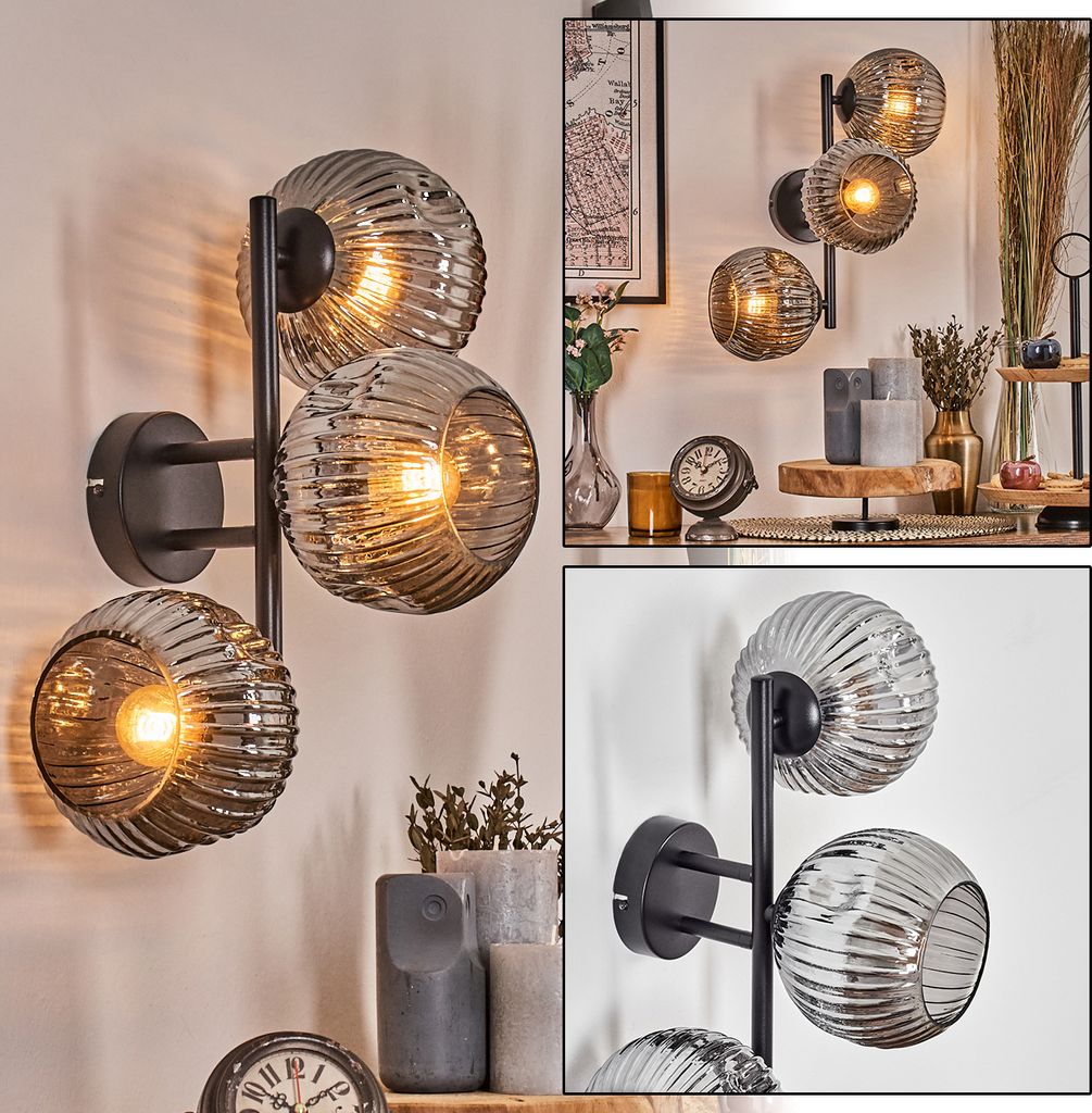Villamare Wandlampe aus Metall/Riffelglas in Schwarz/Rauchfarben