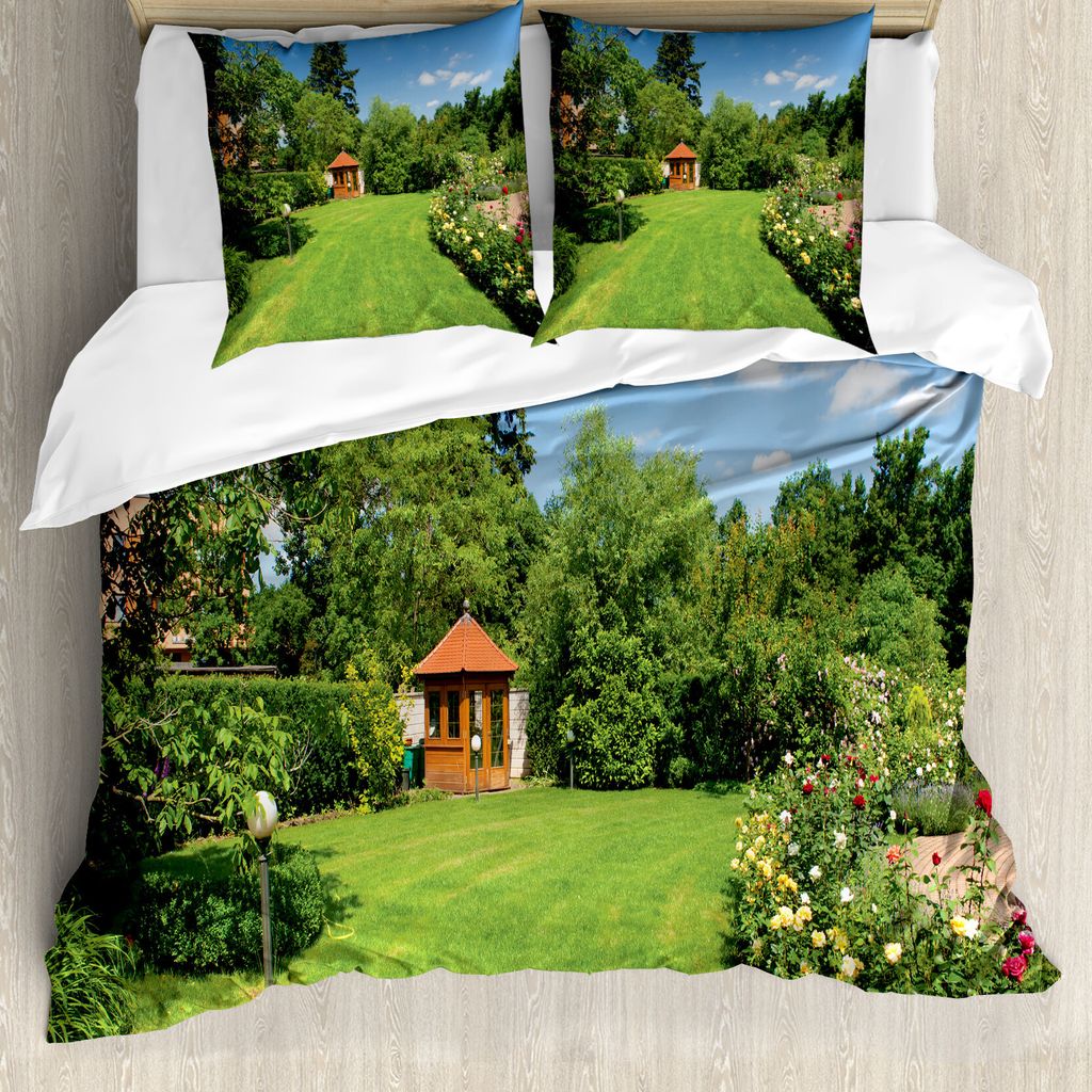 ABAKUHAUS Garten Bettbezug, Roses Pathway Gazebo, Milbensicher Allergiker geeignet mit Kissenbezügen, 155 cm x 220 cm - 80 x 80 cm, Mehrfarbig